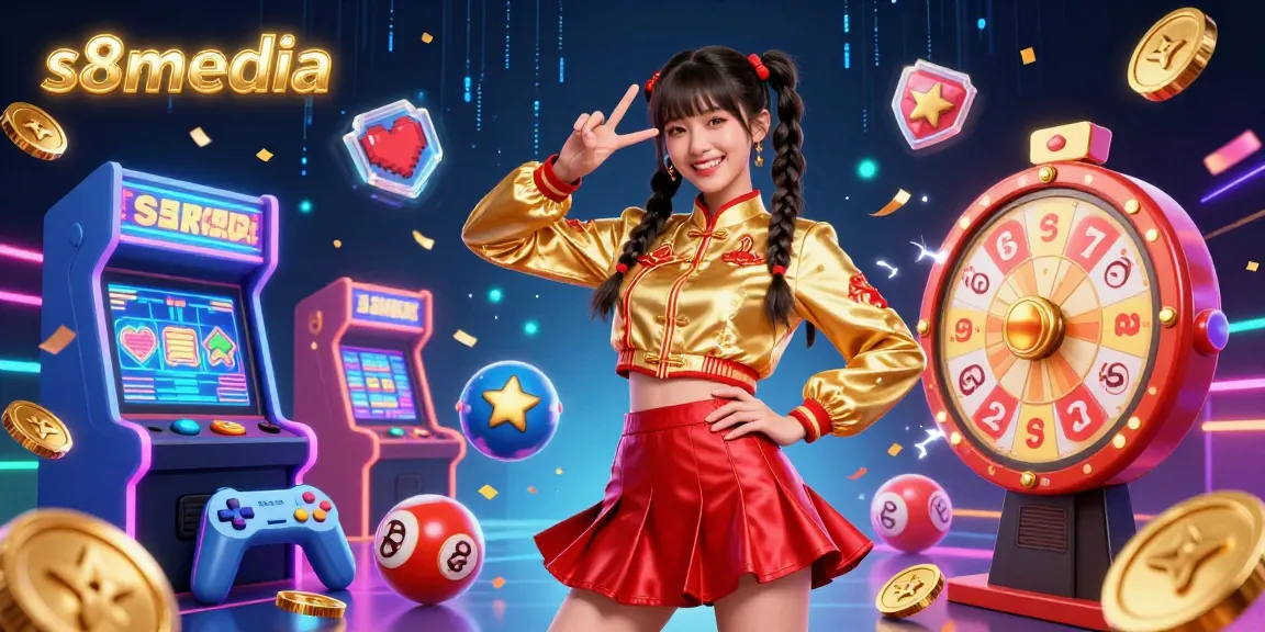 Experience the vibrant energy of s8media with dynamic gaming elements and a joyful character representing the ultimate casino atmosphere.