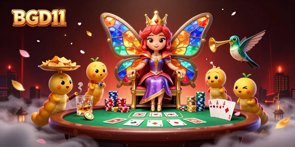 BGD11 engages players in a lively casino scene with vibrant colors and game elements around a butterfly queen.