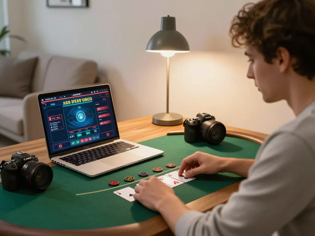 HM88 live dealer blackjack gameplay with a player focused on laptop at home.