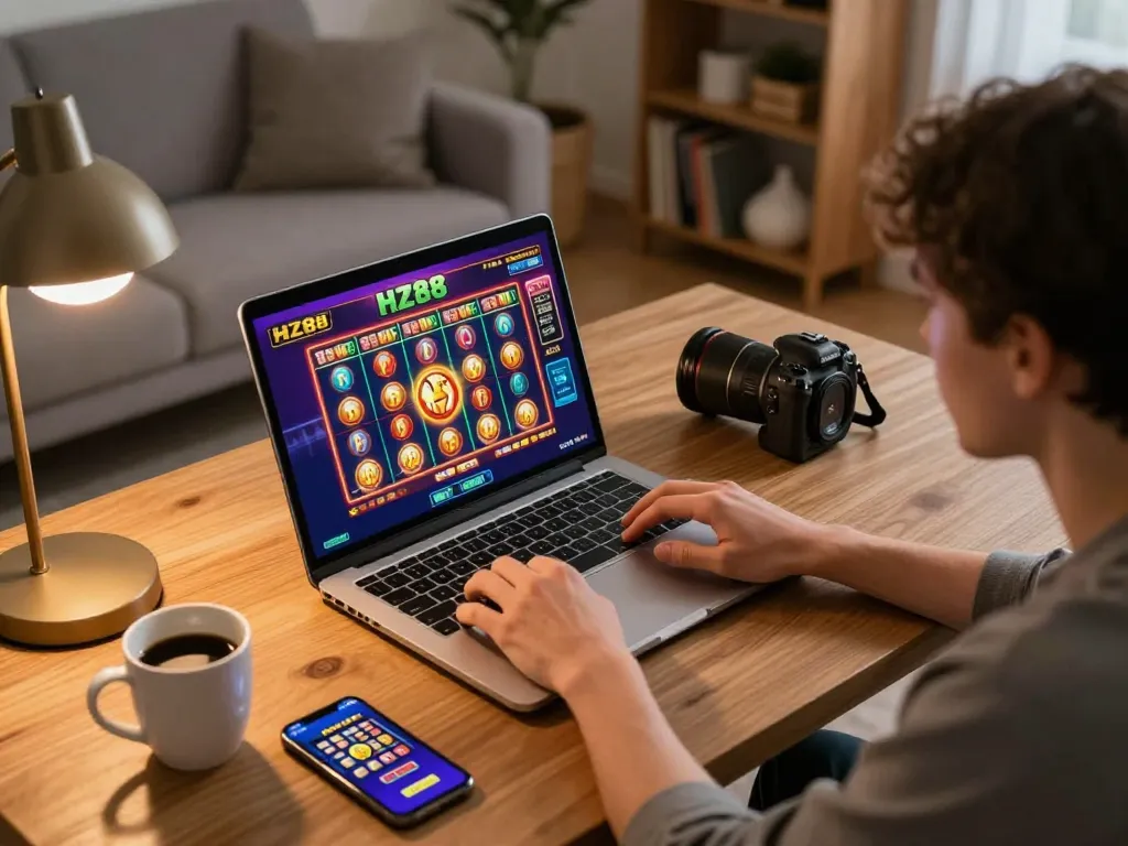 Player enjoys HZ88 online slots with engaging graphics in a cozy home environment