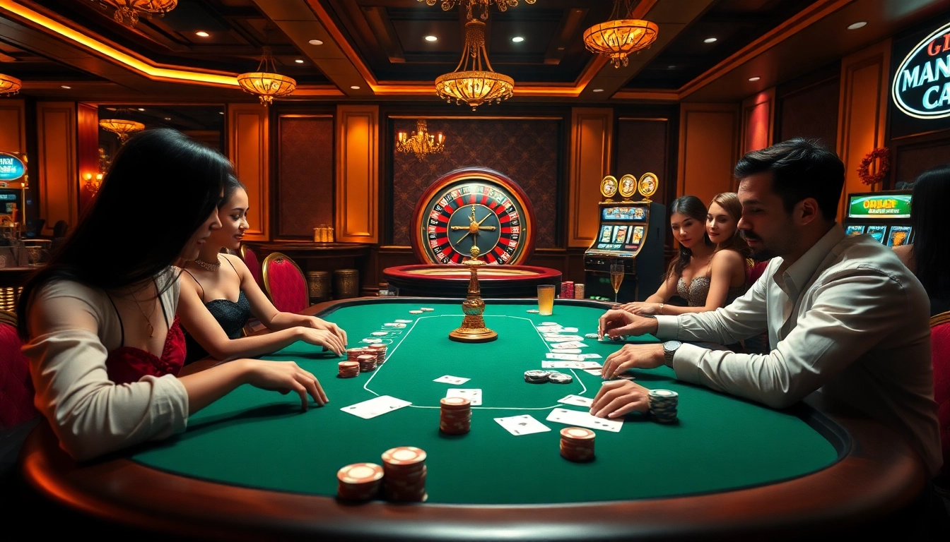 Experience the excitement of poker at https://hot789.live/ with our engaging casino scene featuring players and luxurious decor.
