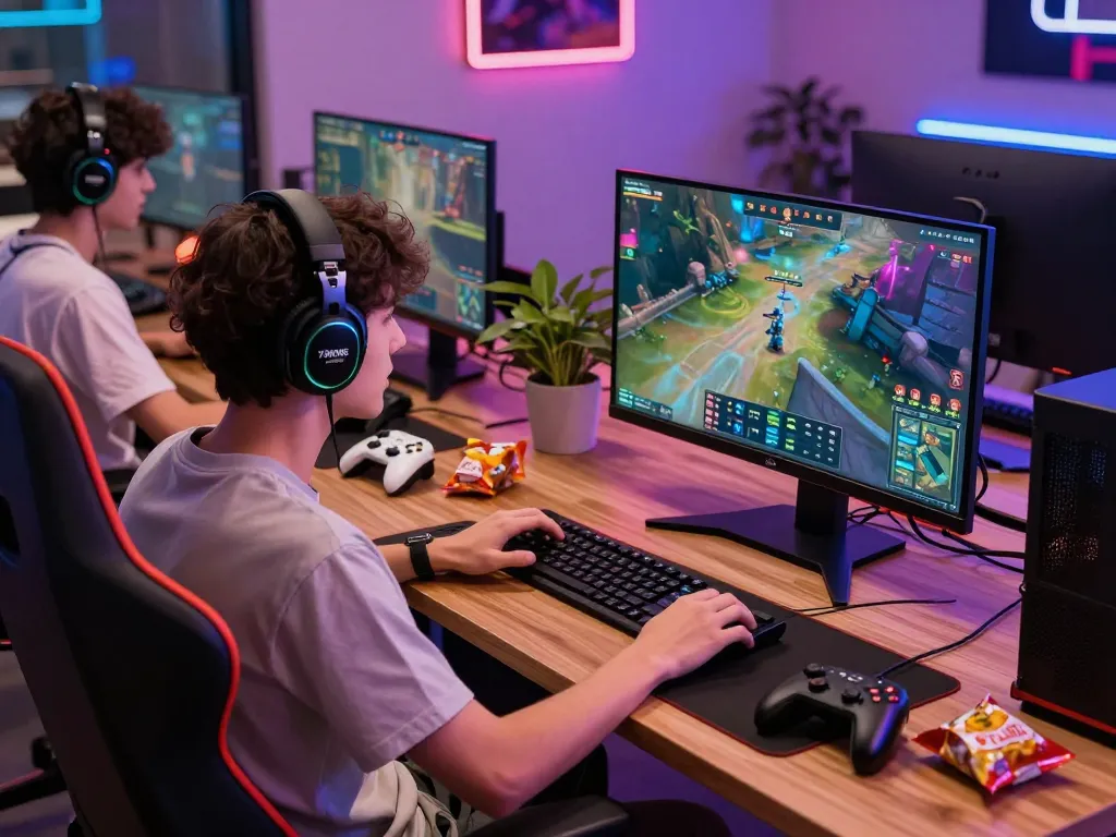 Engaged gamer at https://79kingg.us/ playing an immersive online game in a digital workspace filled with colorful LED lights.