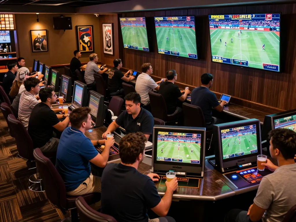 Freecuci365 engaged bettors analyzing games while placing bets in a lively sports bar atmosphere.