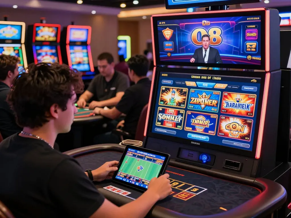 O8 online casino scene with diverse players engaged in gambling activities, showcasing vibrant games and live dealers.
