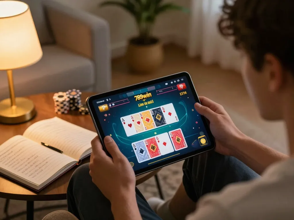 Engaged player using the 789win link mới on a tablet for a poker game in a cozy living room.