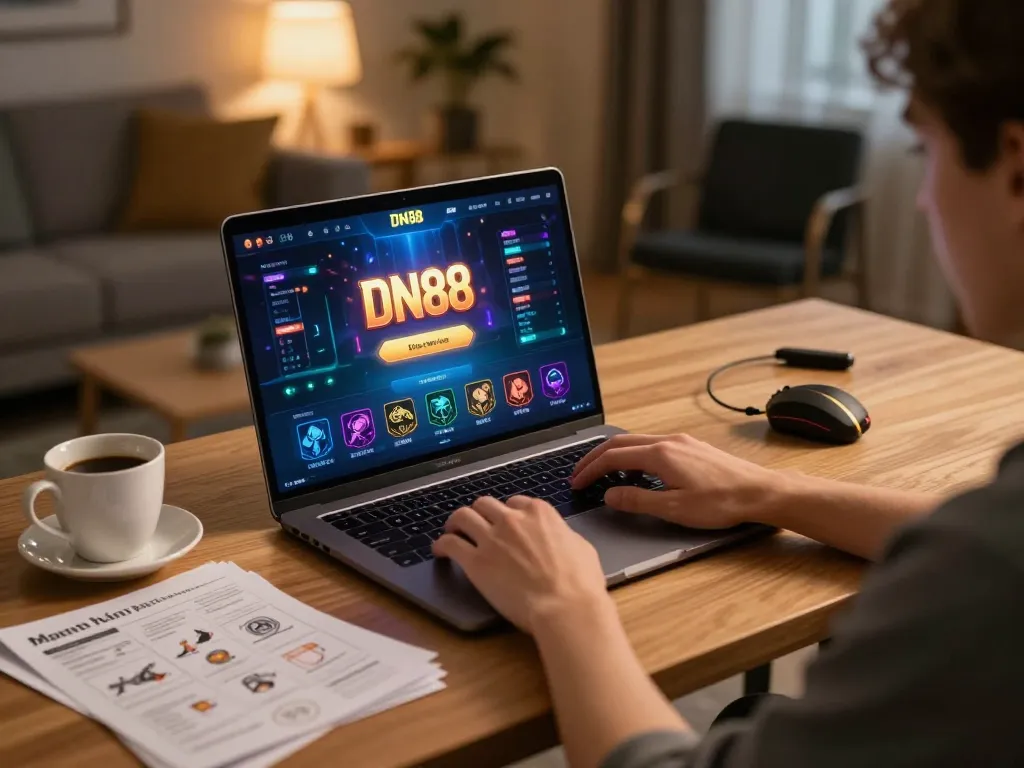A person playing online games on DN88 using a laptop in a cozy home office