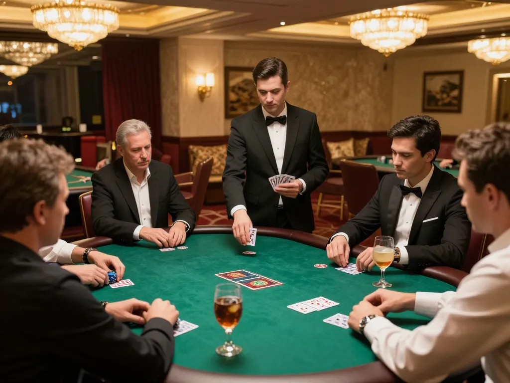 RR88 players engaged in a high-stakes poker game in a luxurious VIP room, showcasing elegance and excitement.