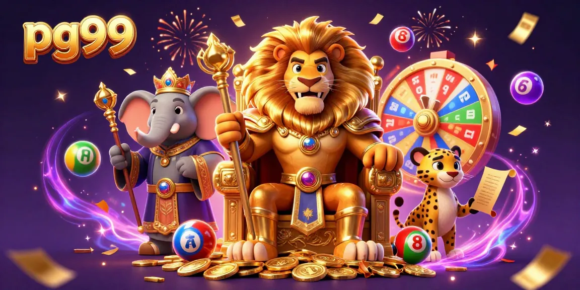 Engage with pg99's vibrant gaming scene featuring a royal lion, wise elephant, and dynamic cheetah.