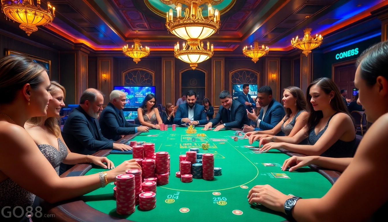 GO88 players enjoying a vibrant casino experience at a luxurious gaming table.