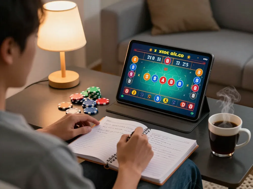xóc đĩa online gameplay on a tablet surrounded by strategic notes and coffee in a cozy home.