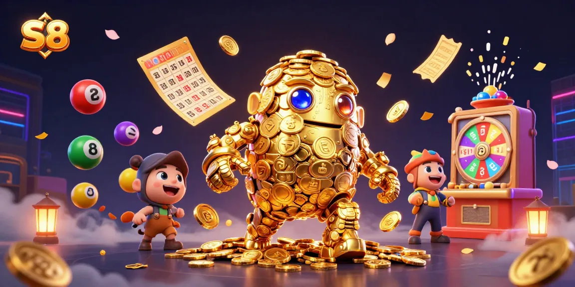 Experience the excitement of S 8 with vibrant lottery balls, a golden golem, and cinematic casino magic.