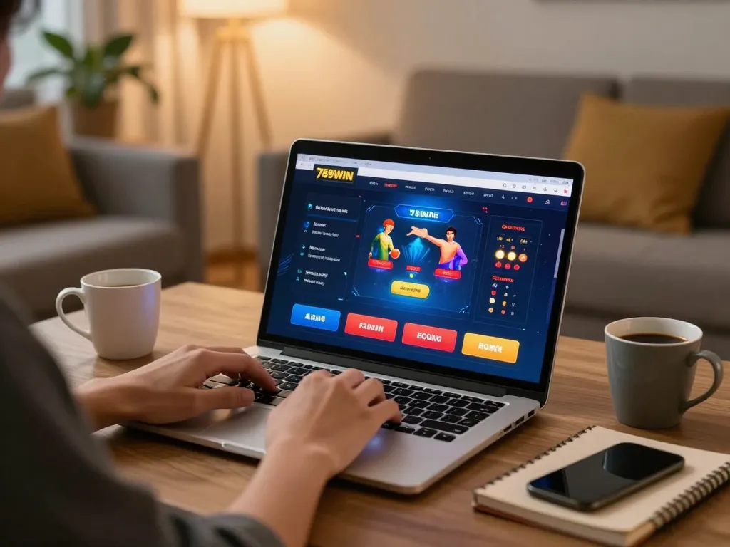 Engaging online casino gaming session on 789WIN with a cozy home setup revealing gaming activity