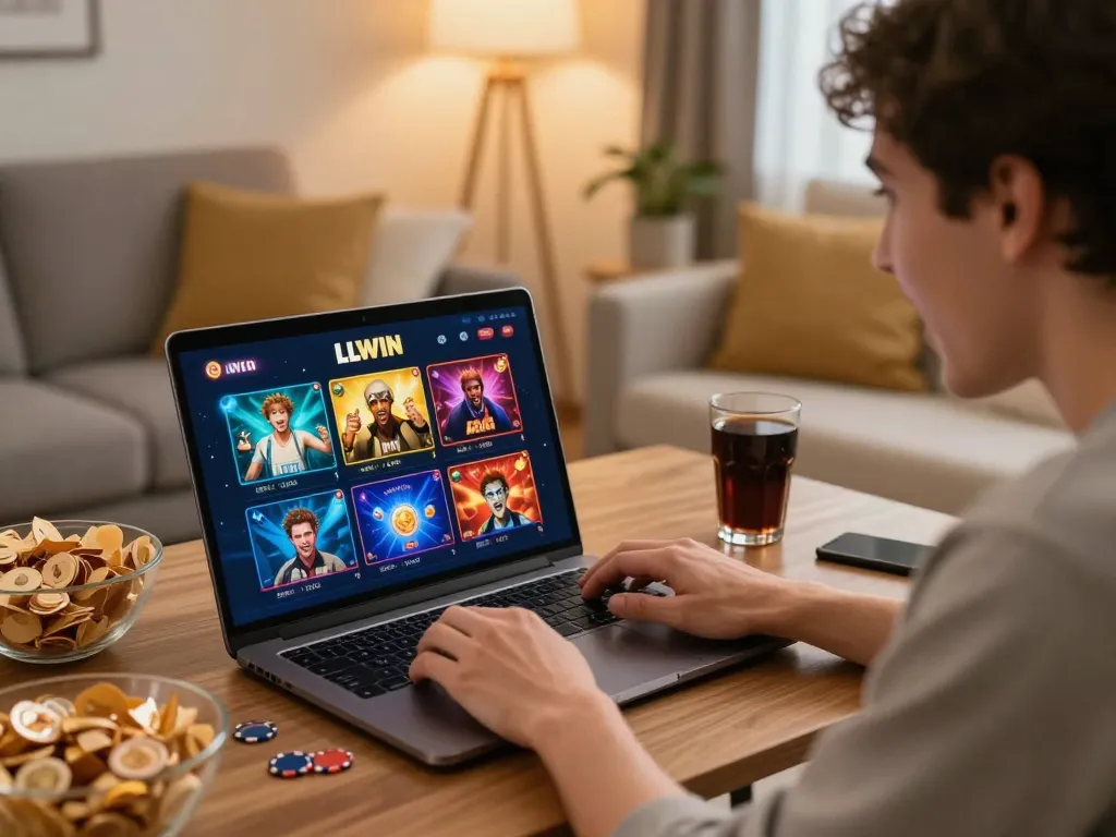 Player enjoying LLWIN online casino gaming at home, laptop displaying vibrant game interface.
