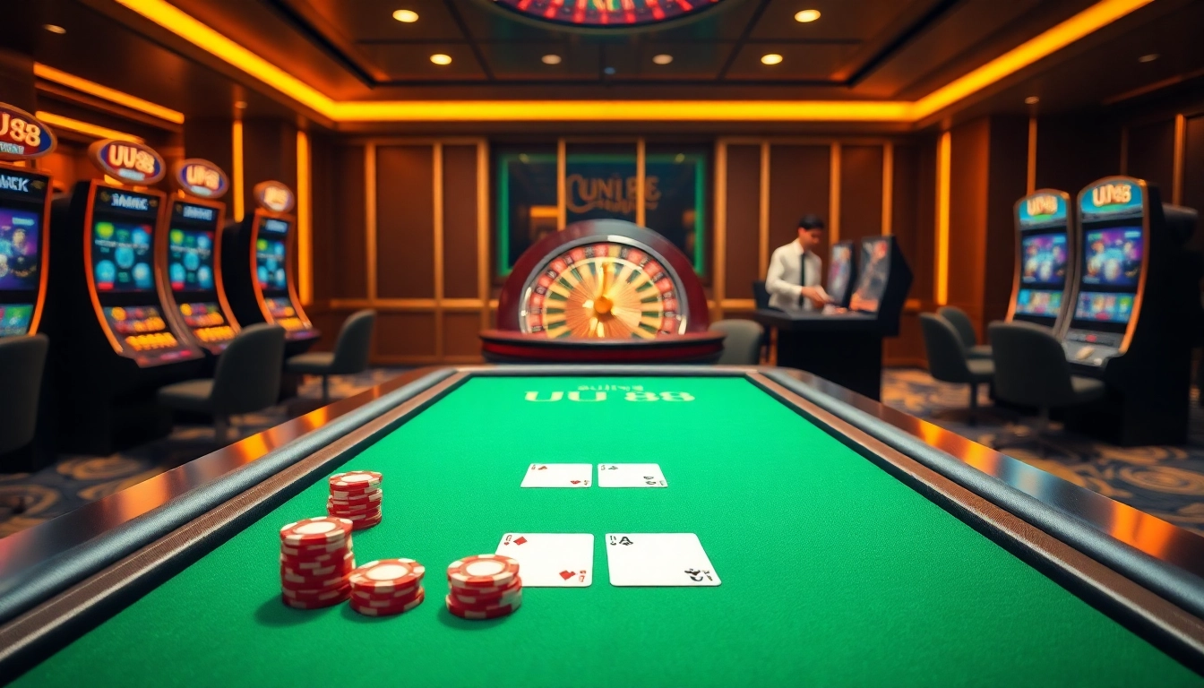 Players enjoying a thrilling game at the UU 88 poker table inside a luxurious casino setting.