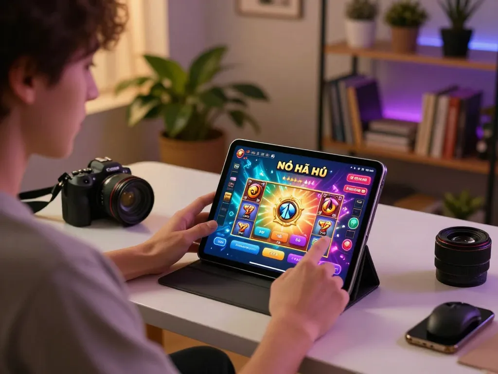 Play game nổ hũ on a tablet in a cozy home setup with ambient lighting and a lively atmosphere.