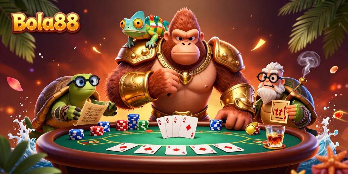 Bola88 showcases a powerful gorilla king and wise tortoise in a vibrant casino scene filled with poker action.