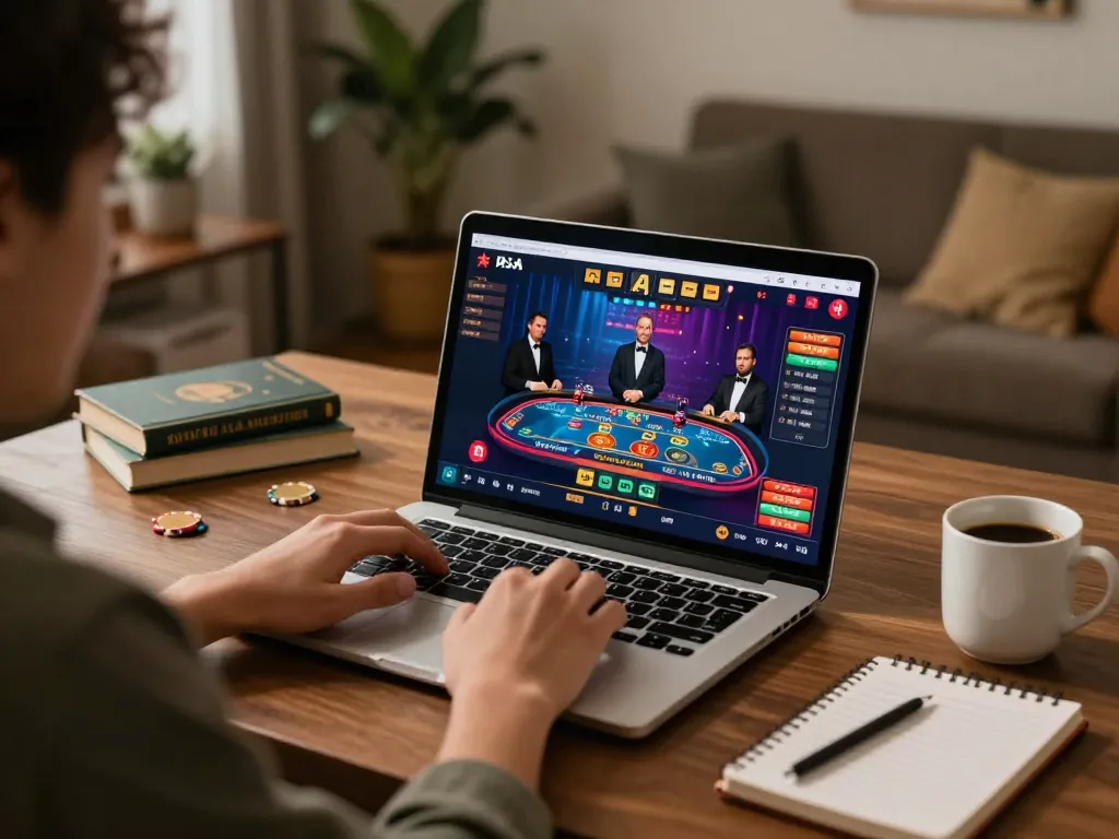 User playing at DV88 online casino on laptop, showcasing live dealer game with ambient home lighting.