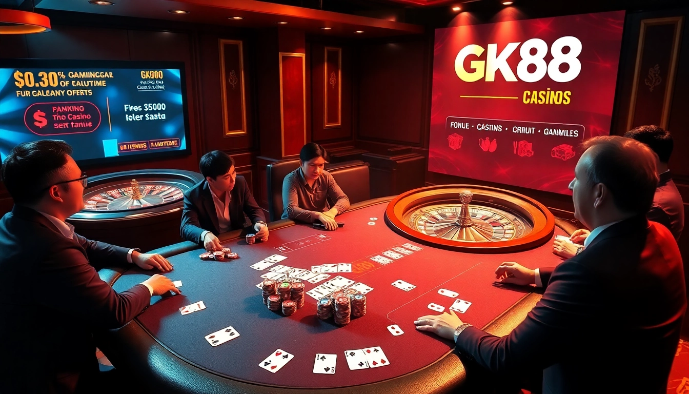 Exciting gk88 casino scene featuring a high-stakes poker table with players and vibrant chips.