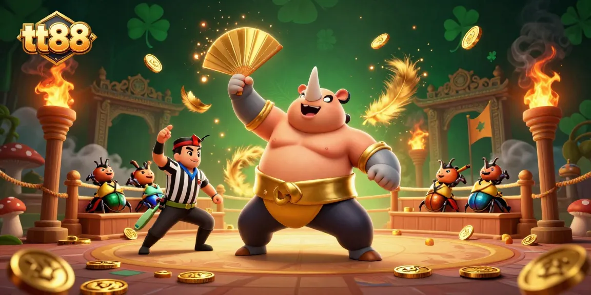 Experience thrilling gameplay at tt88 with a 3D sumo beetle champion surrounded by gold coins and dynamic casino elements.