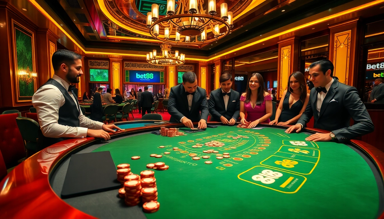 Experience the excitement of Bet88 at a luxury blackjack table with vibrant players and stunning decor.