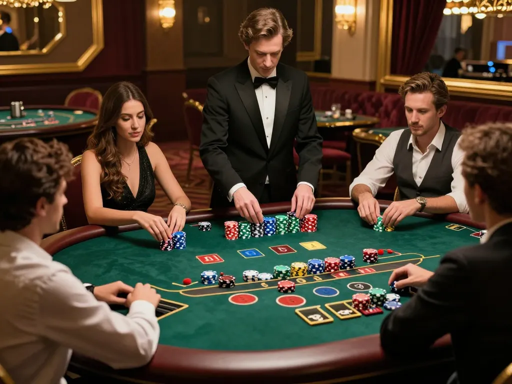 Baccarat players placing strategic bets at a luxurious table in the casino 5679 venue.