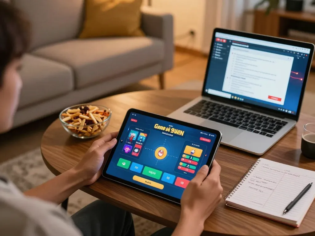 Engaging gaming session featuring Game Bài 98WIN on a tablet, showcasing a modern home setup.