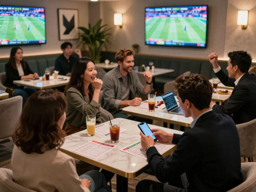 UK88 bettors enjoying a lively sports betting atmosphere while placing live bets on their smartphones