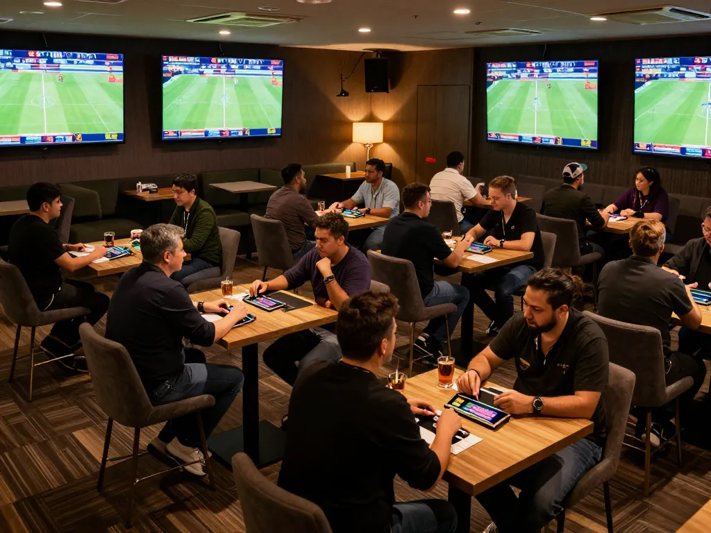 XI88 sports enthusiasts passionately placing bets in a vibrant betting lounge
