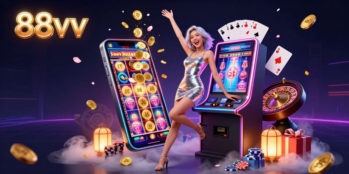 Experience the excitement of 88vv with a thrilling jackpot-winning Asian woman celebrating at a vibrant casino.