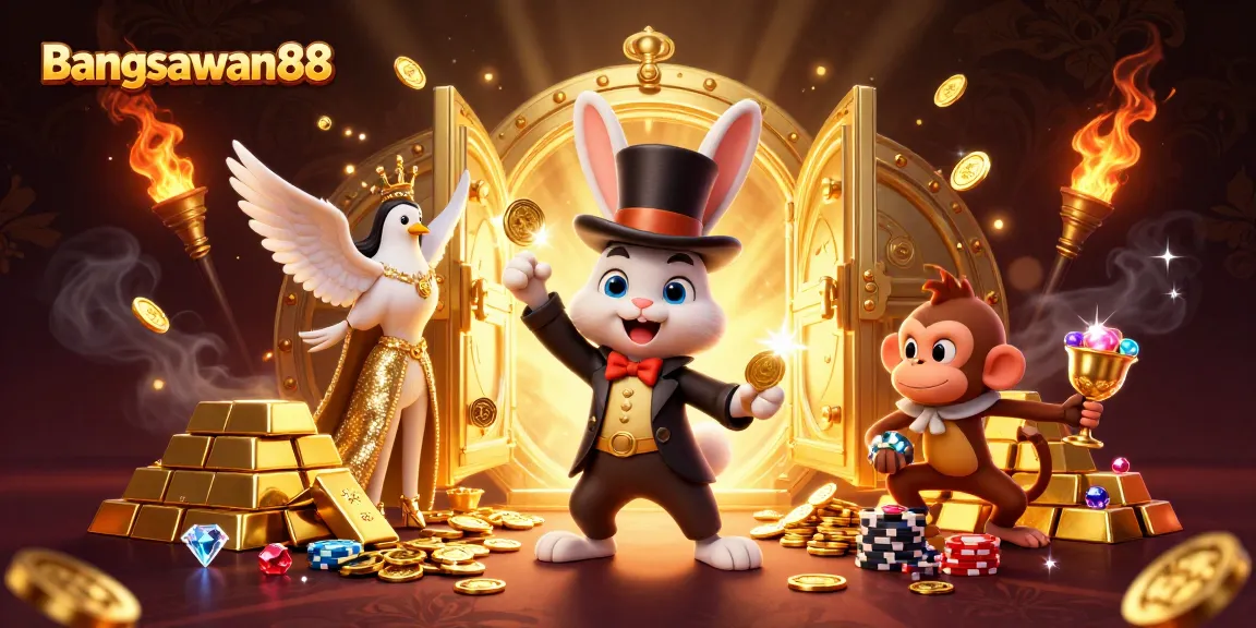 Bangsawan88 offers enchanting gaming experiences as a magician rabbit conjures coins amid jewels and poker chips.