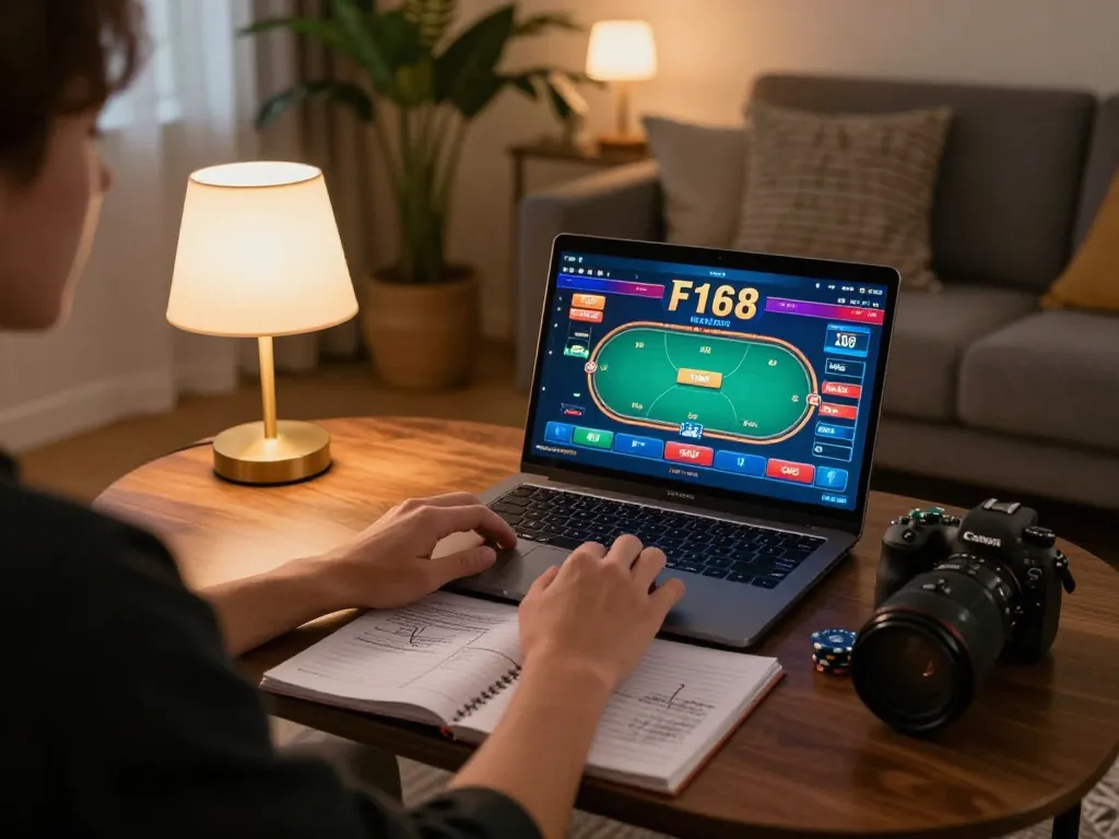 Player enjoying F168 online casino games on a laptop in a cozy home environment