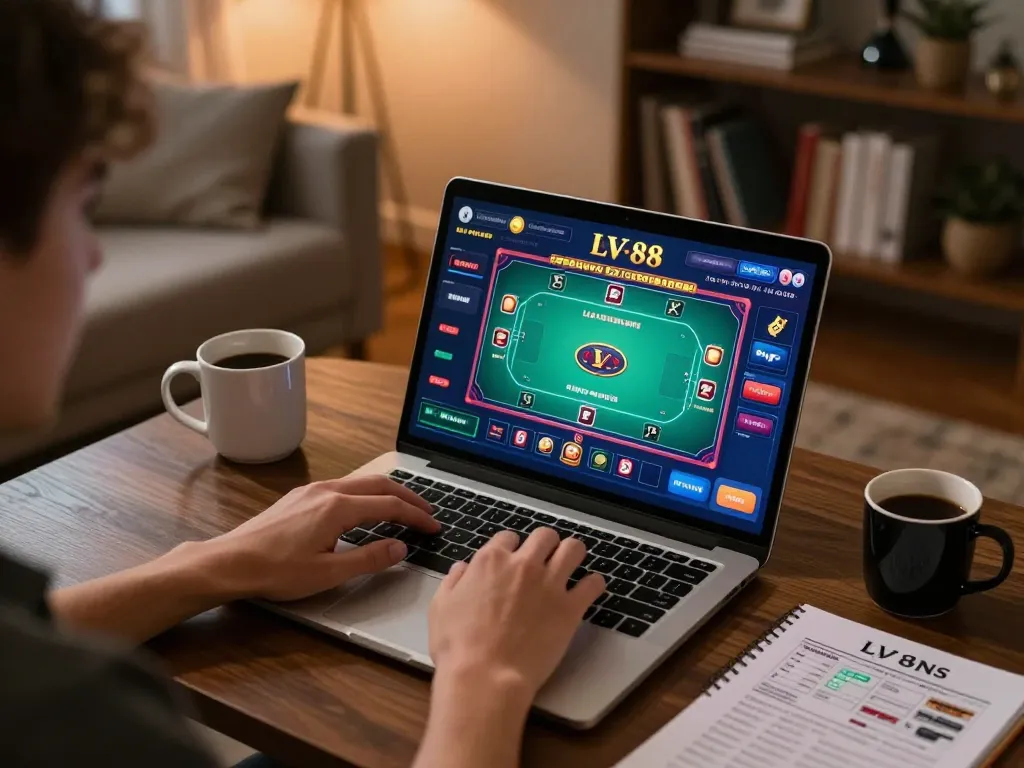 Engaging online gaming atmosphere at LV 88 with a player strategizing bets on a laptop.