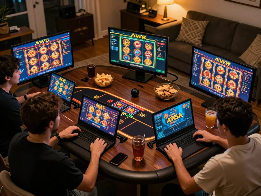 Engaged players enjoying online gaming on AW8 portal with vibrant gaming screens.