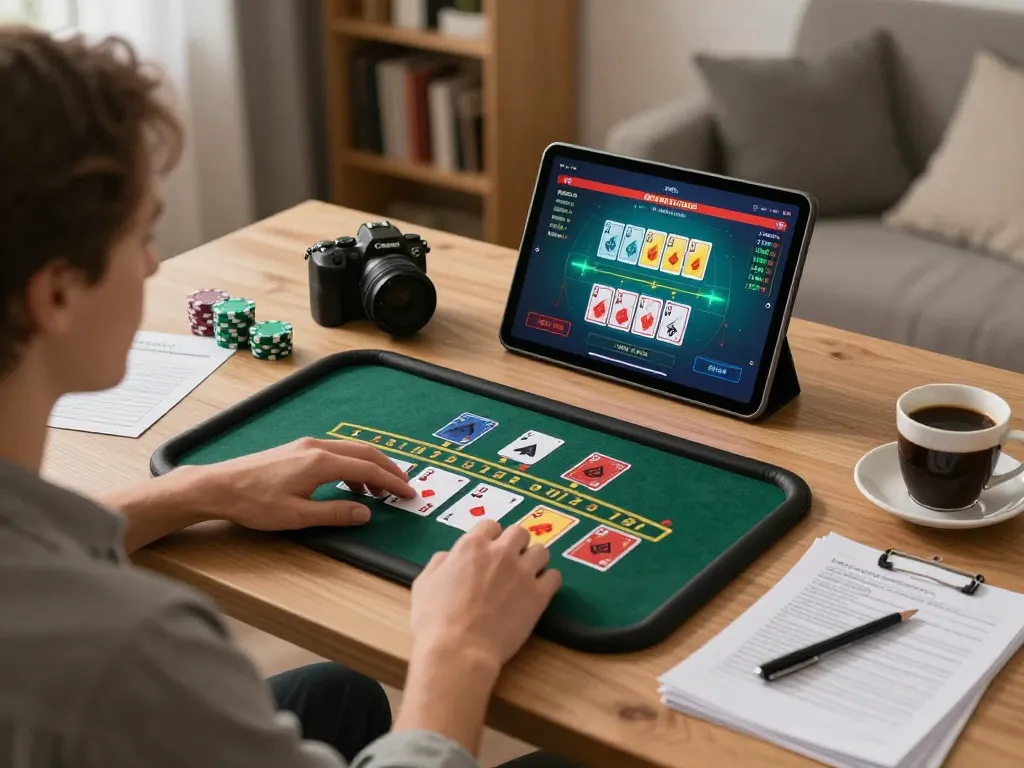Engaging in online blackjack gameplay with TR88 strategy notes at home.