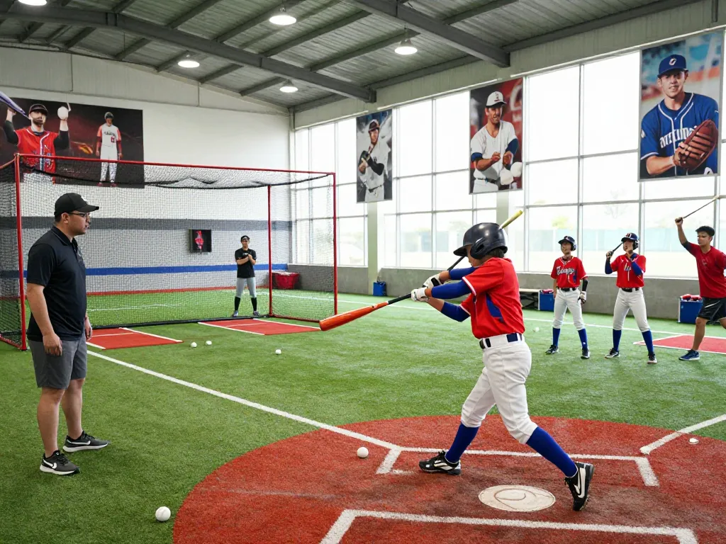 Hitclub athlete training indoors, focused on baseball techniques with coach guidance.