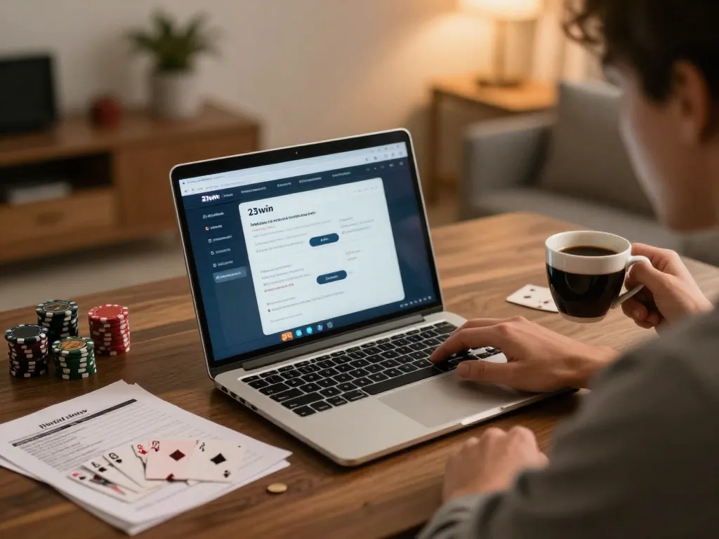 Engaging in online poker with a 23win link displayed, focusing on responsible gambling strategies from home.