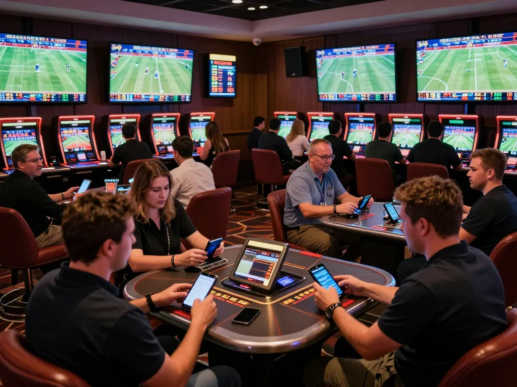 Betting action at 92slot's sports lounge with players enjoying live events and placing bets.