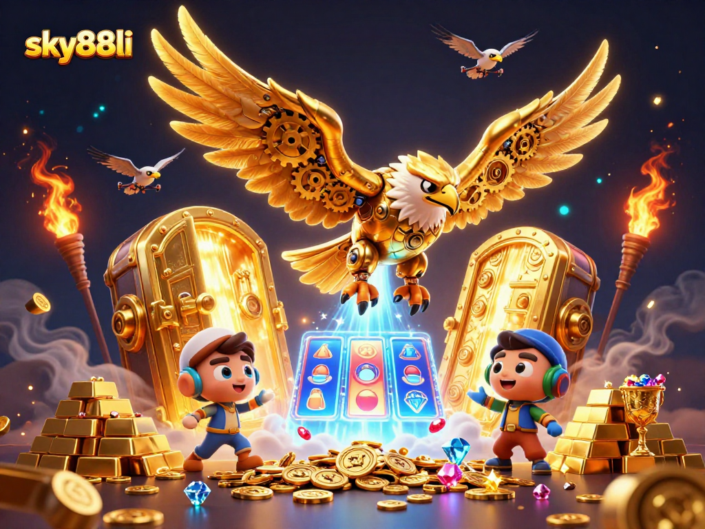 Engage in thrilling slots with sky88li's golden eagle soaring through captivating game elements.