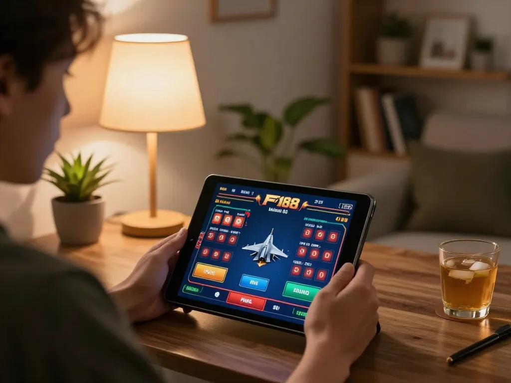 Player engaged in F168 online casino gaming on tablet, showcasing vibrant game interface.