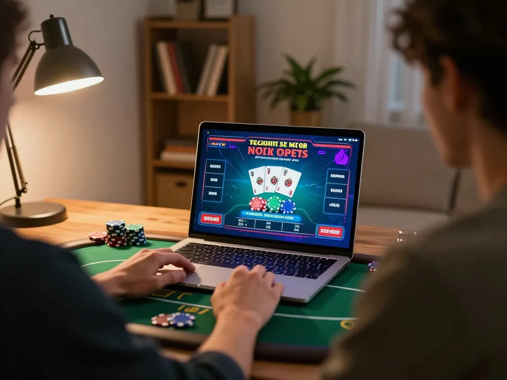 Engaged player exploring trang chủ cf68 on laptop, immersed in online casino gaming.