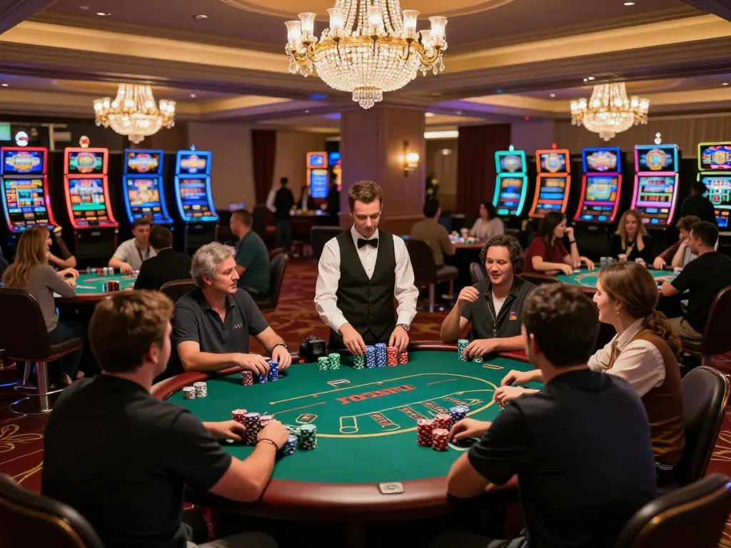Players placing bets and strategizing at hitclub poker tables in an upscale casino setting.