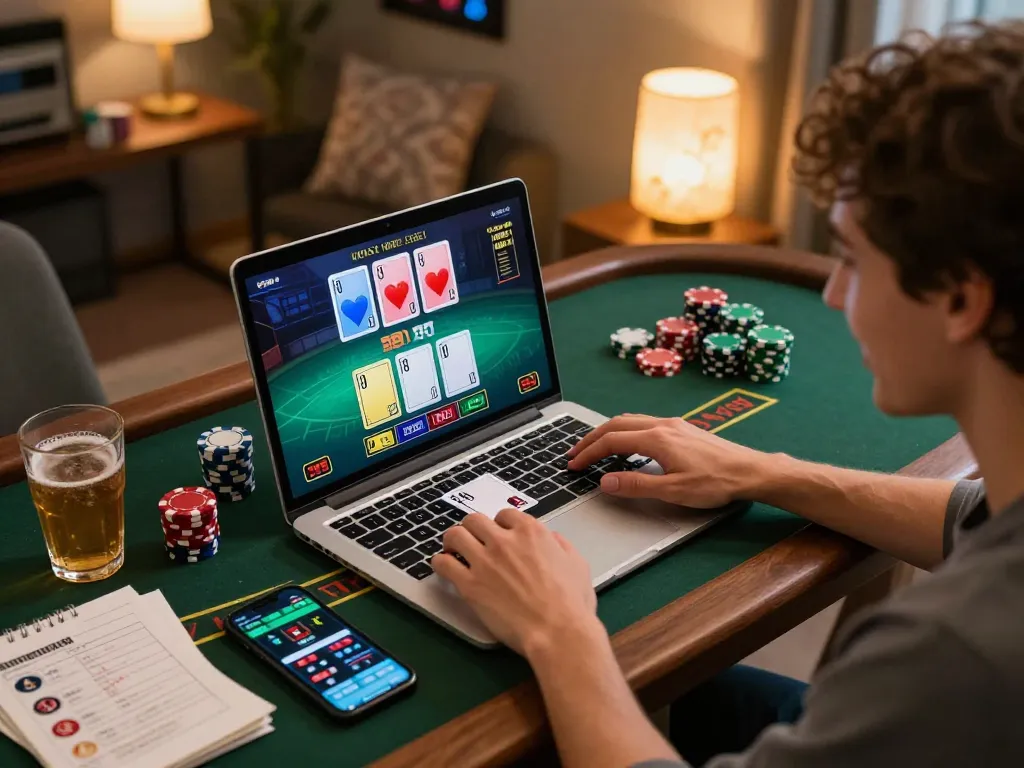 Playing live dealer blackjack on new88blog with a laptop in a cozy home setup.