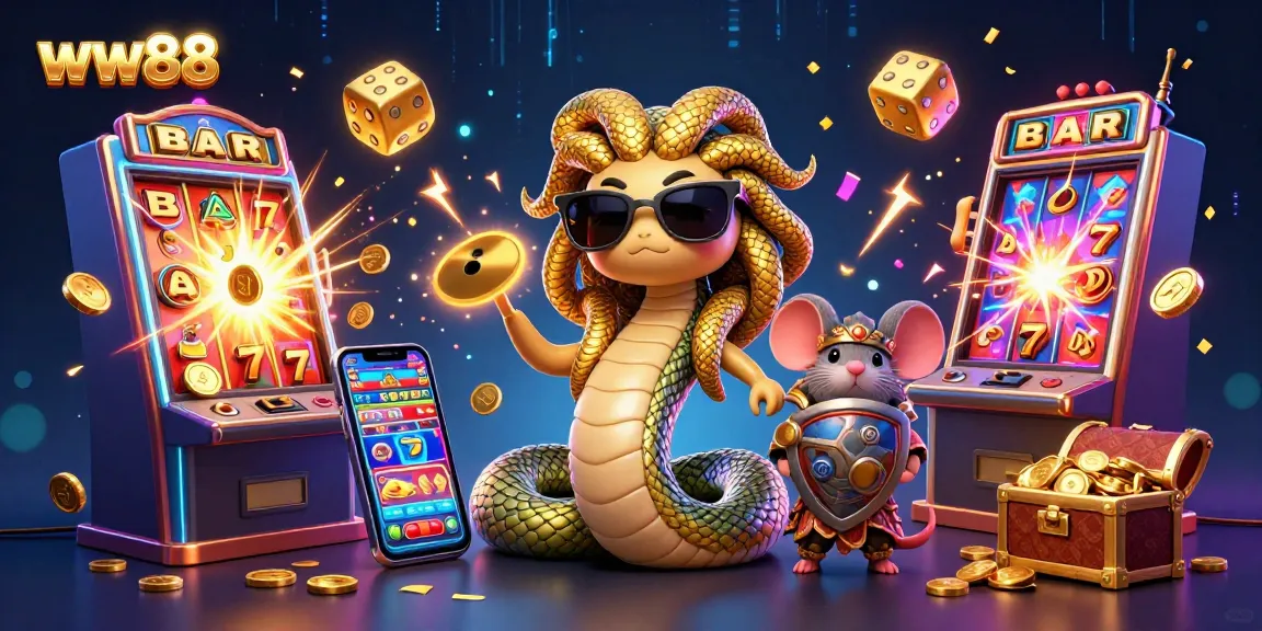 Experience the thrill of ww88 with a lively 3D casino scene featuring Medusa and warrior mouse among flashy slot machines.