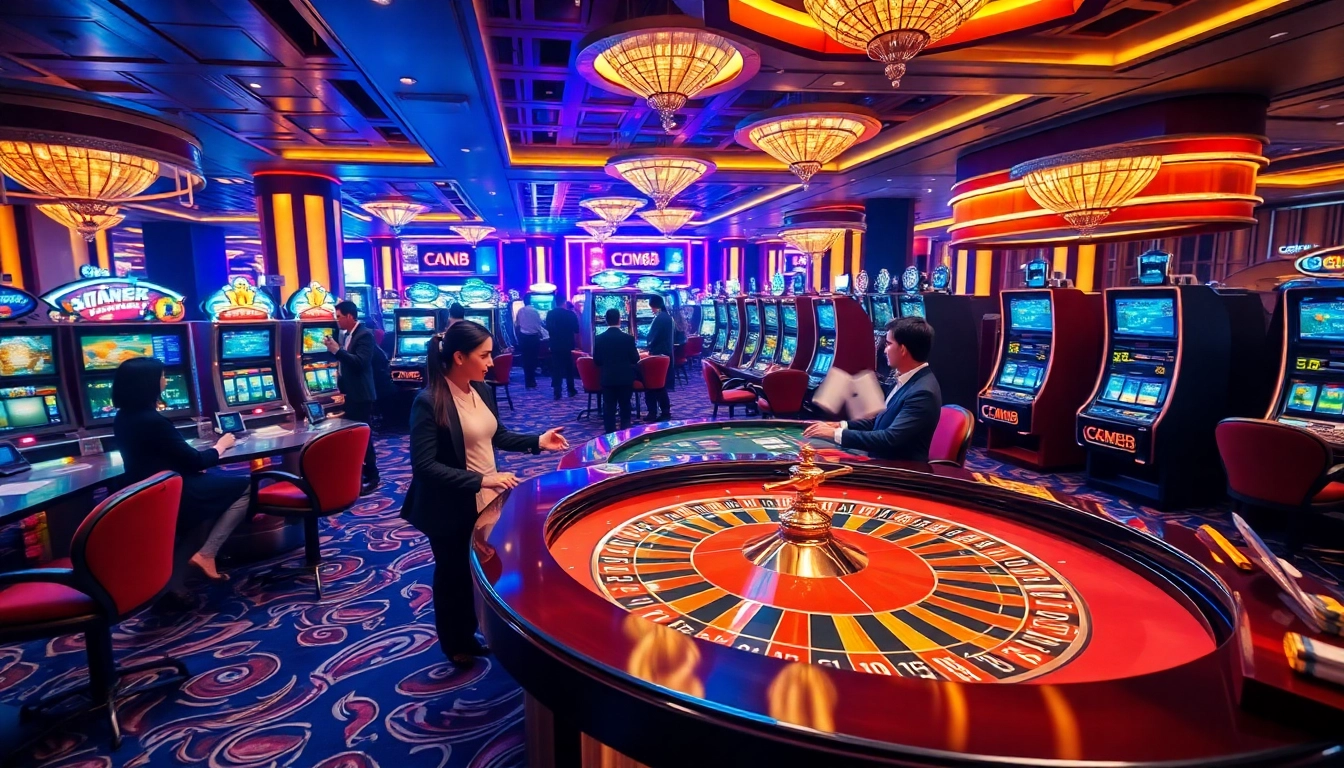 Players experiencing the thrill of casino gaming featuring CM88 branding, vibrant roulette, and slot machines.