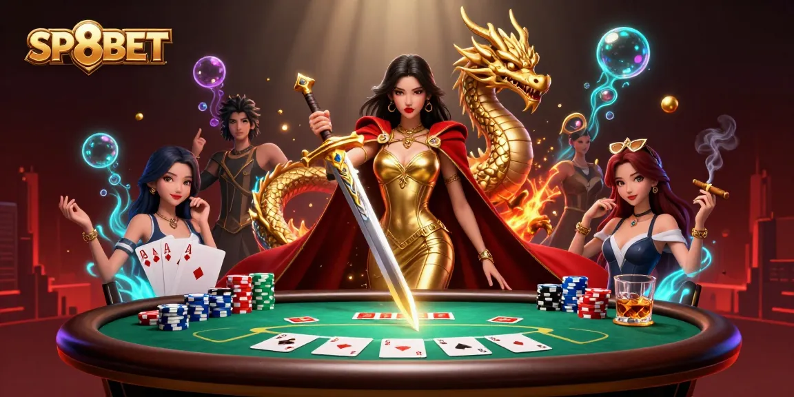 Engage with SP8BET's thrilling environment featuring an Asian warrior queen and dynamic poker scene.