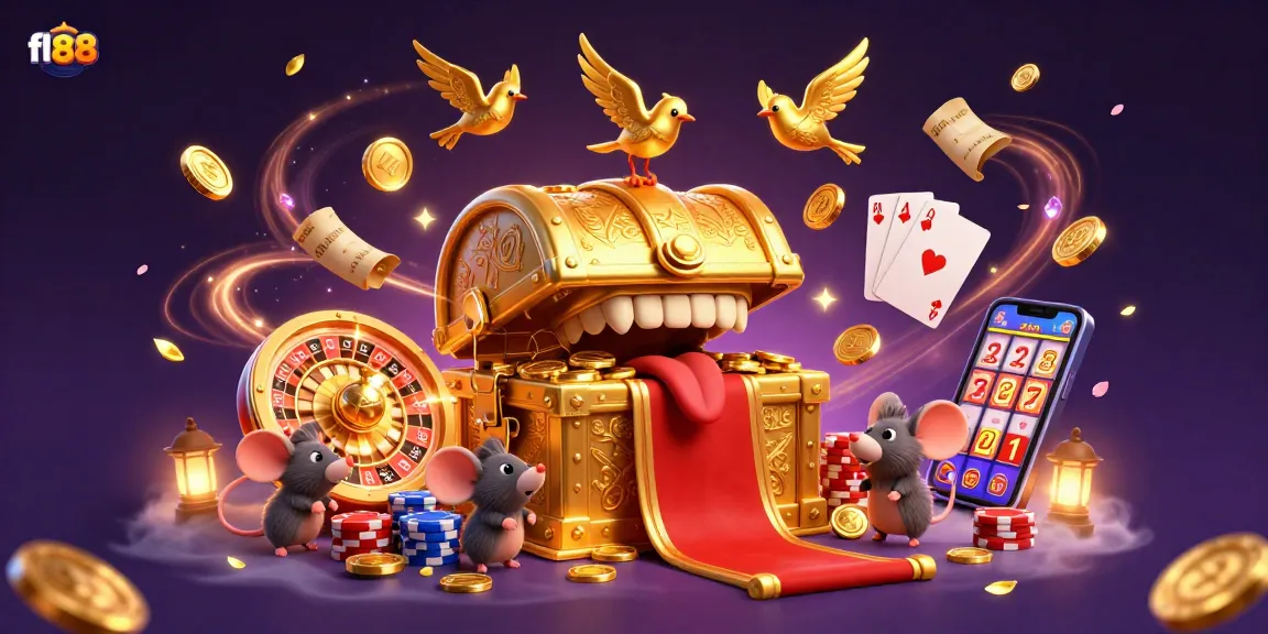 Engage with fl88's thrilling golden treasure chest scene showcasing cascading coins and a roulette wheel.