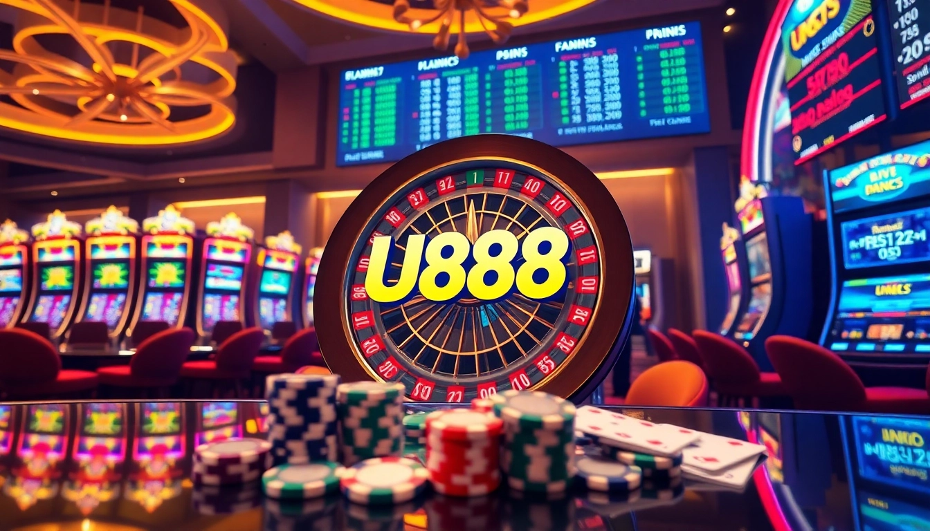 U888 logo displayed on a roulette wheel amidst vibrant casino gaming action.