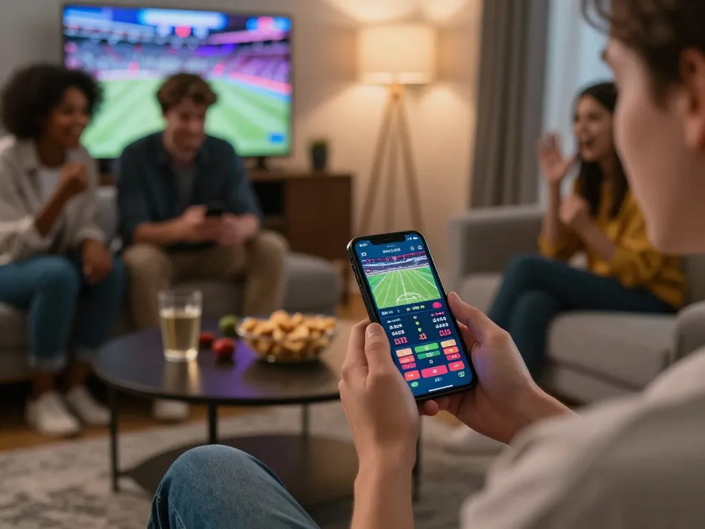 Betting on sports using 78win app in a cozy home setting with friends nearby.