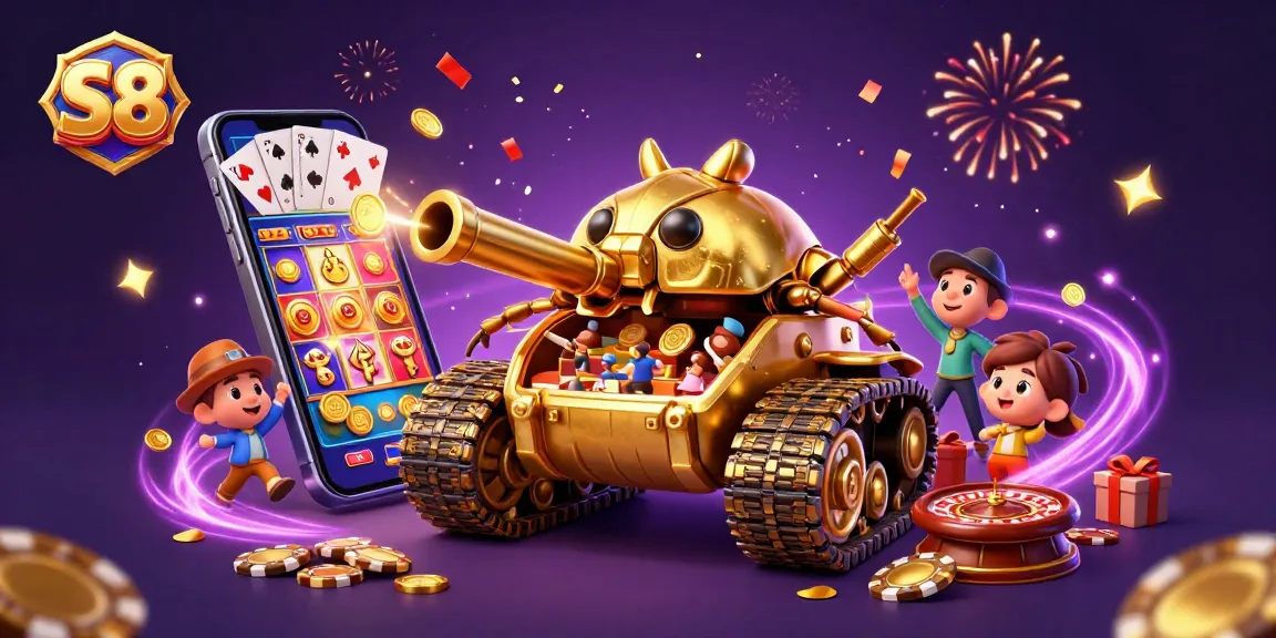 Experience vibrant S8 casino action with a golden beetle tank, colorful games, and celebratory elements.
