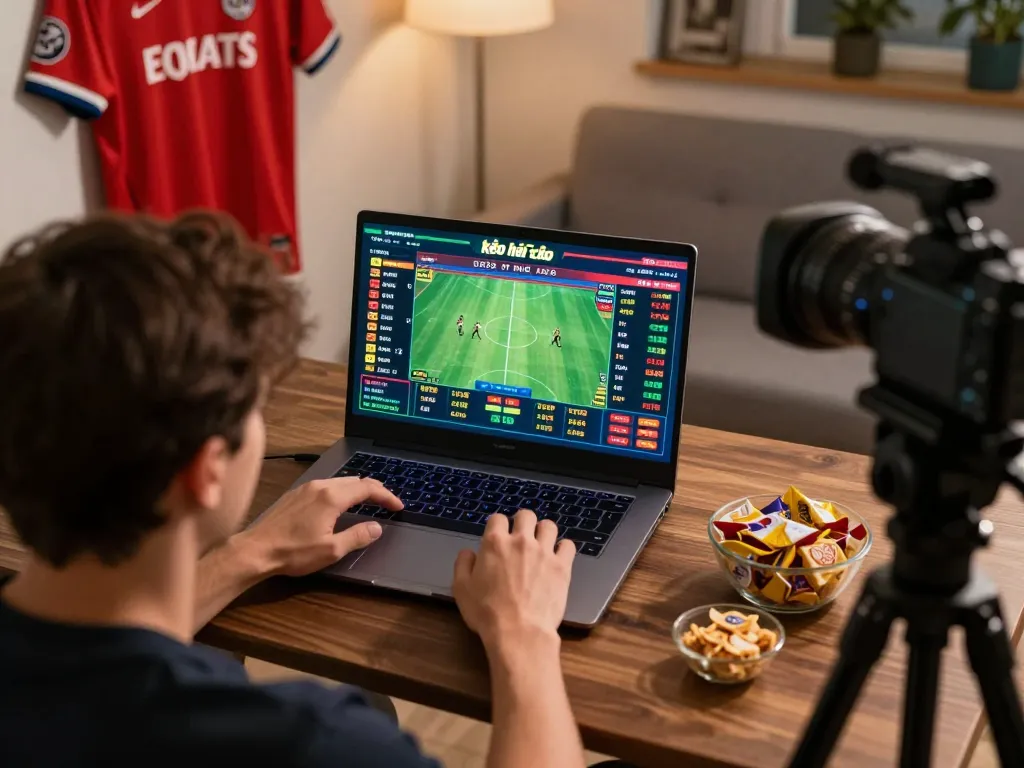 Engaging online sports betting with kèo nhà cái odds displayed on laptop in a cozy home setup.